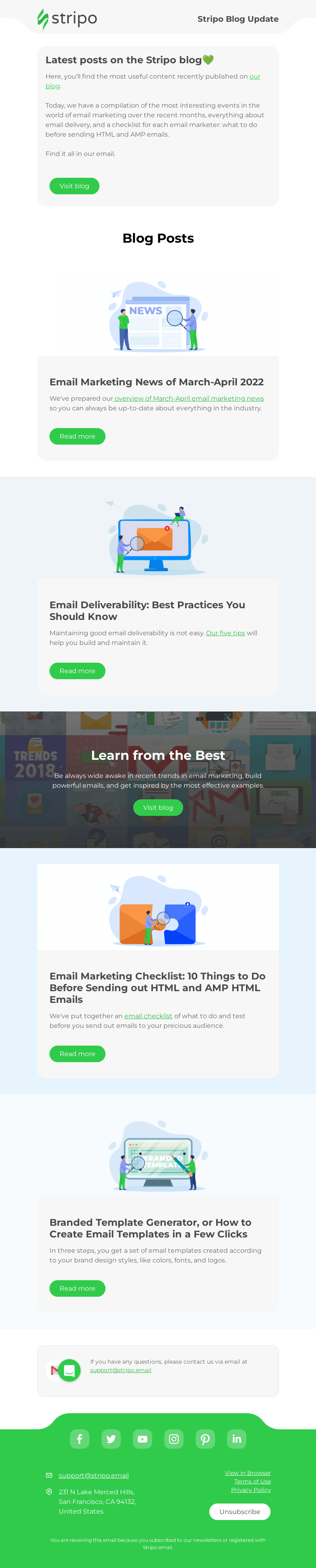 Письмо компании «Stripo» на тему «News, email checklist, and ways to improve email deliverability.💚»