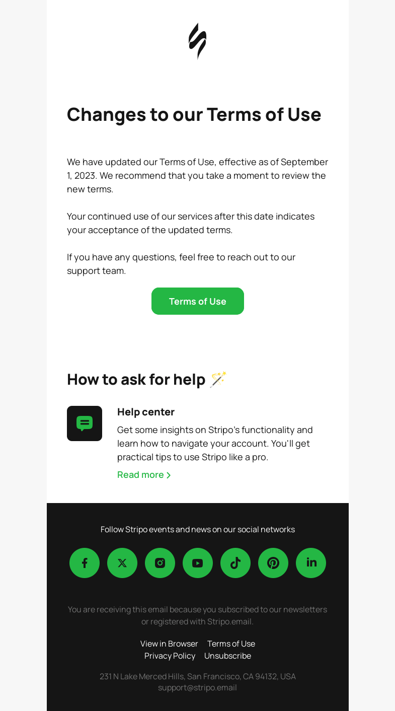 Письмо компании «Stripo» на тему «Important Notice: Updated Terms of Use»