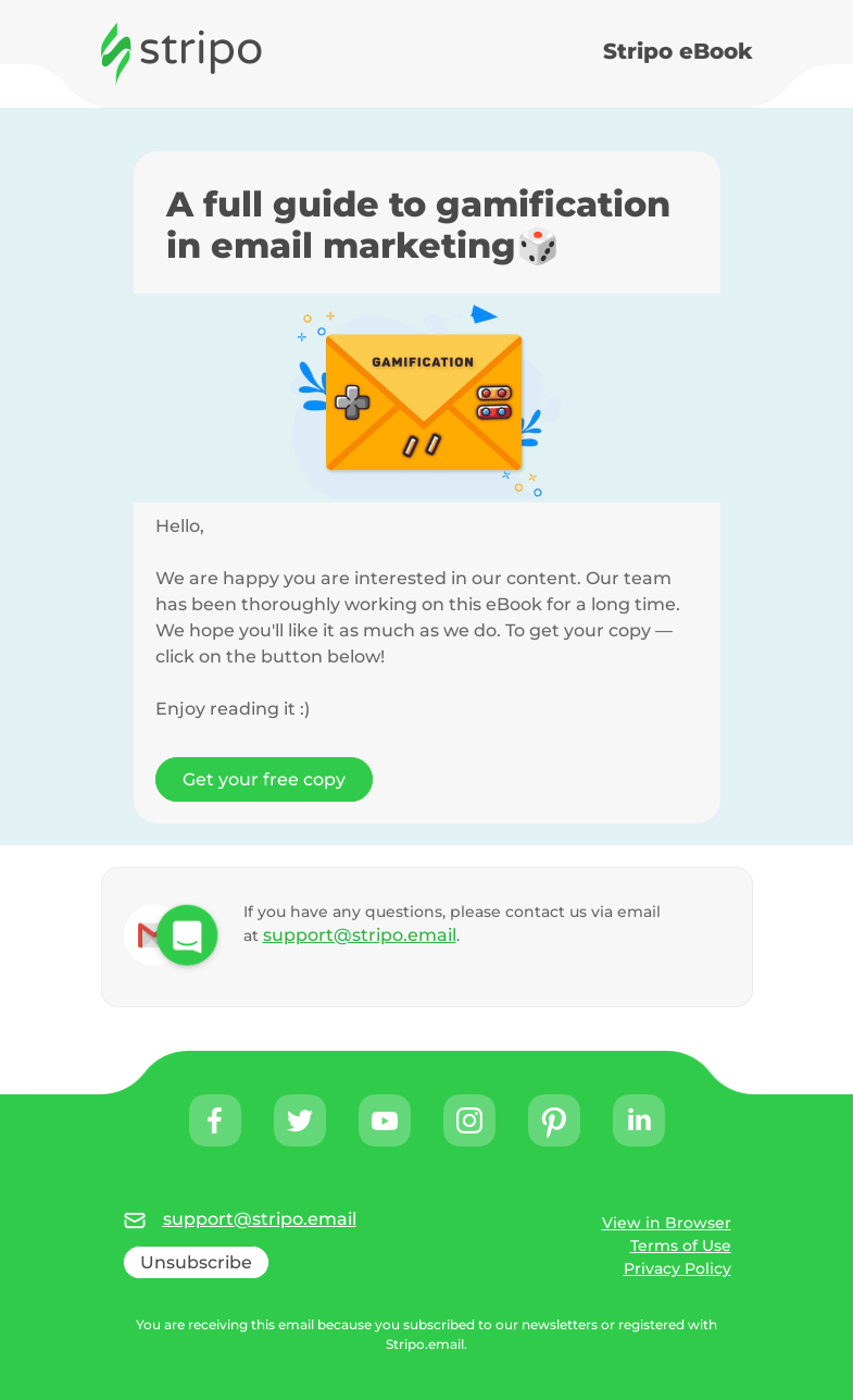 Письмо компании «Stripo» на тему «A full guide to gamification in email marketing🕹️»