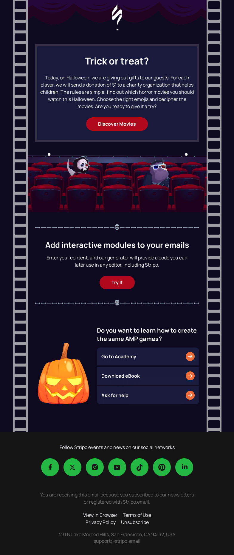 Письмо компании «Stripo» на тему «New Halloween game: You play, we donate👻»
