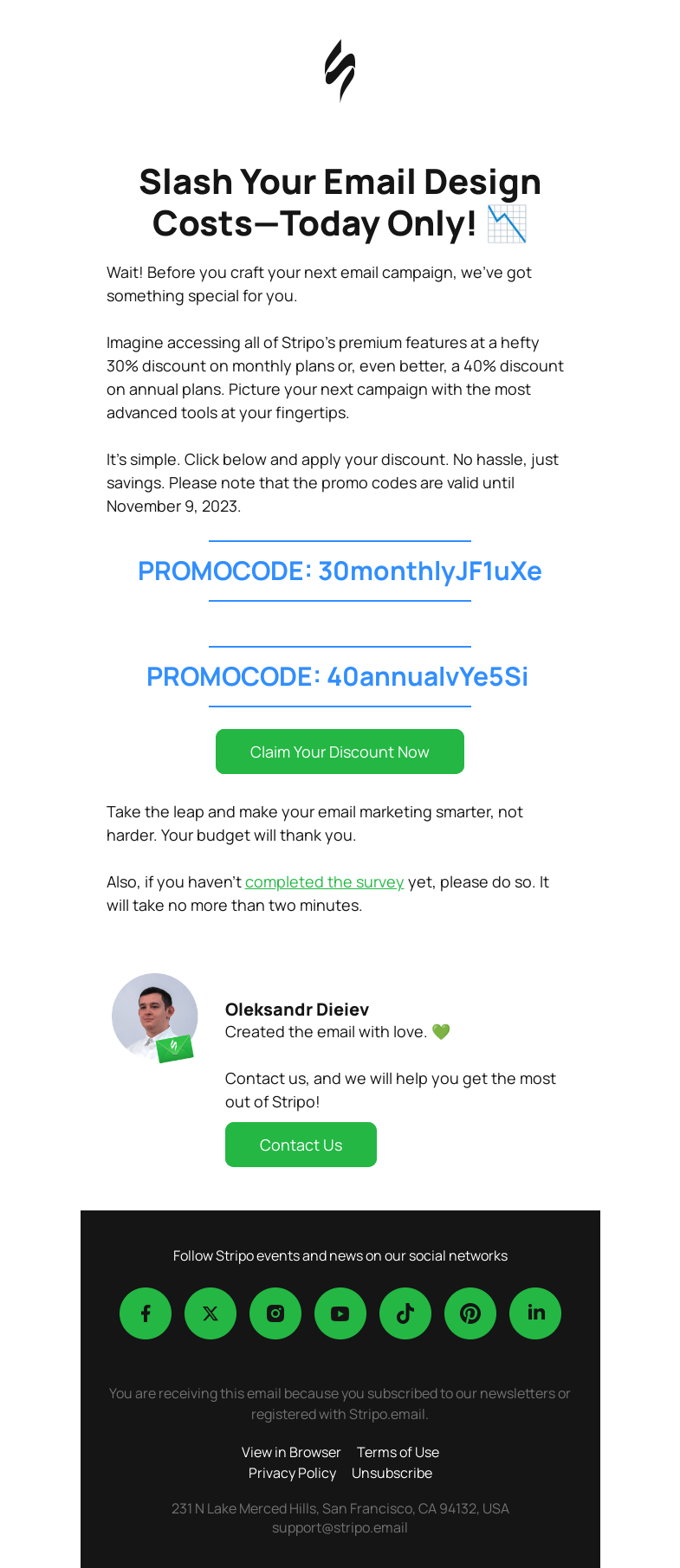 Письмо компании «Stripo» на тему «Unlock Your Exclusive Stripo Discount—30% & 40% Off! 🎉»