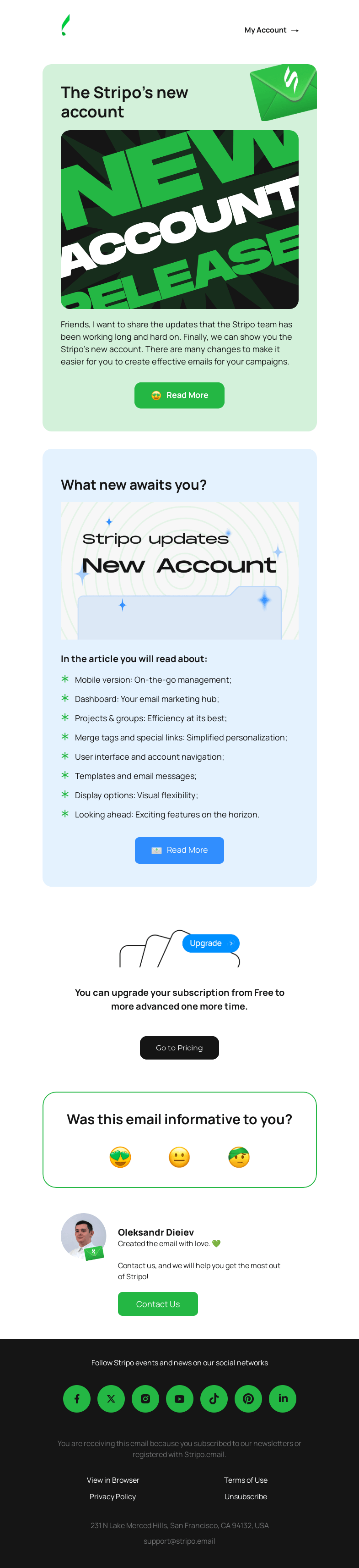 Письмо компании «Stripo» на тему «🆕 All about the Stripo's new account»