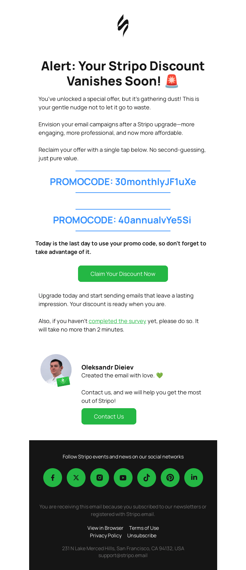 Письмо компании «Stripo» на тему «Your Unused Stripo Discount is Expiring—Don't Waste It!⏳»