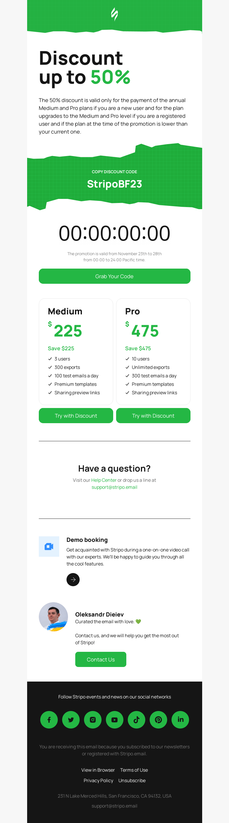 Письмо компании «Stripo» на тему «⏰Last Day: discount up to 50%»