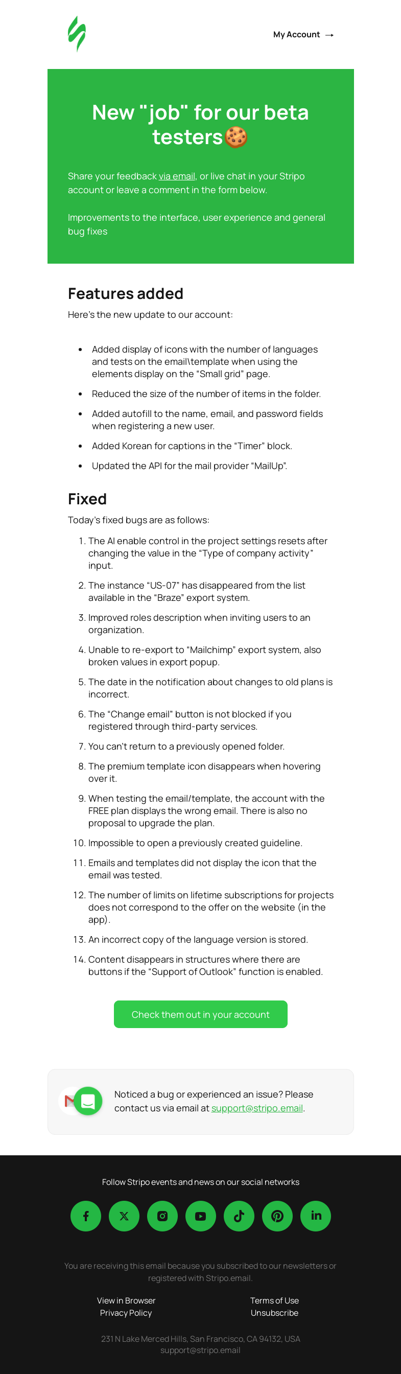Письмо компании «Stripo» на тему «🚨 New Product Updates for Beta Testers Only: Be the First to Know»