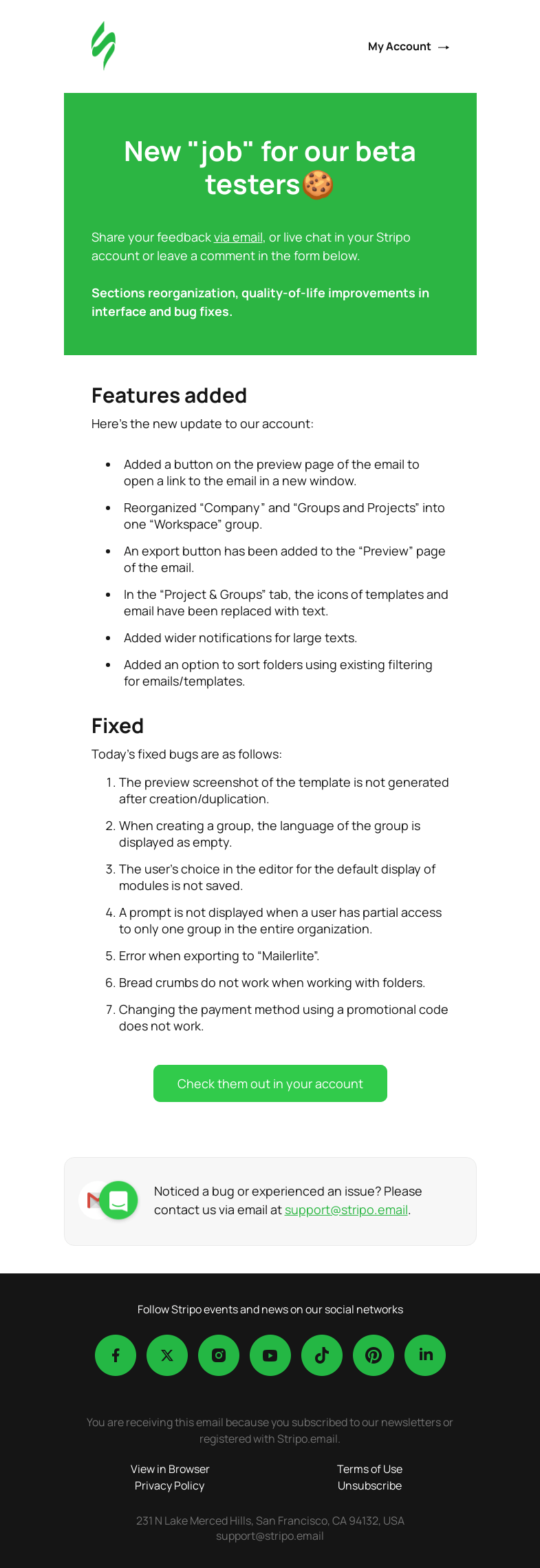 Письмо компании «Stripo» на тему «🚨 New Product Updates for Beta Testers Only: Be the First to Know»