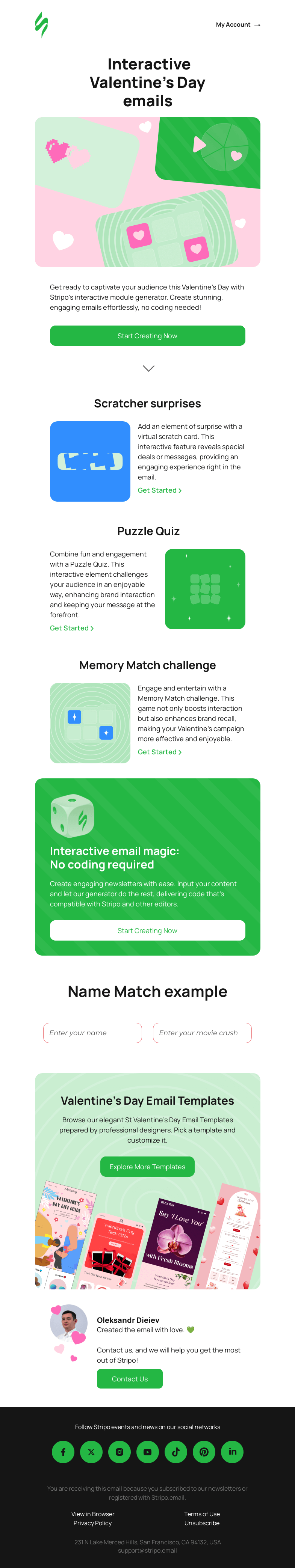 Письмо компании «Stripo» на тему «Create Your Perfect Valentine's Email with Our Interactive Module Generator💌»