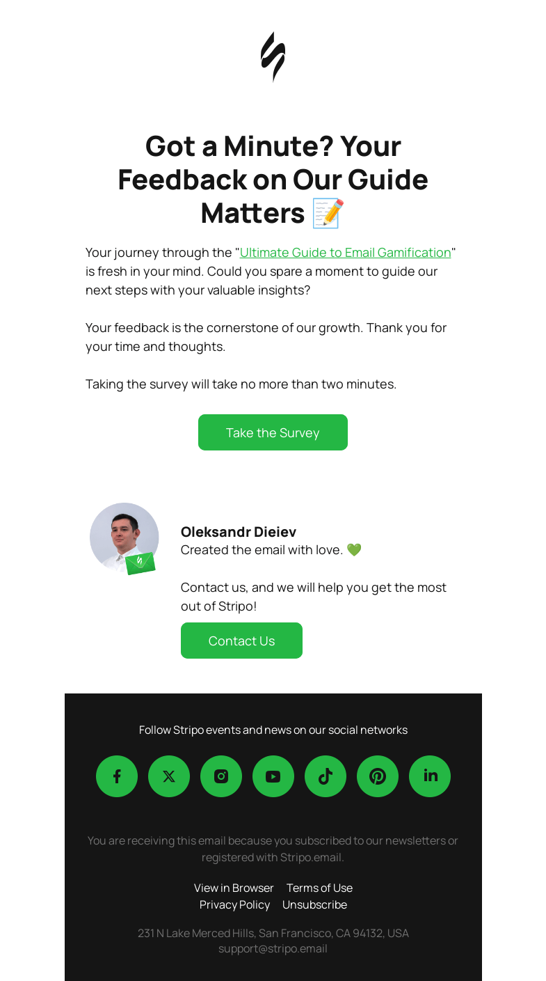 Письмо компании «Stripo» на тему «Help Us Improve: Take Our Quick eBook Survey! 📊»