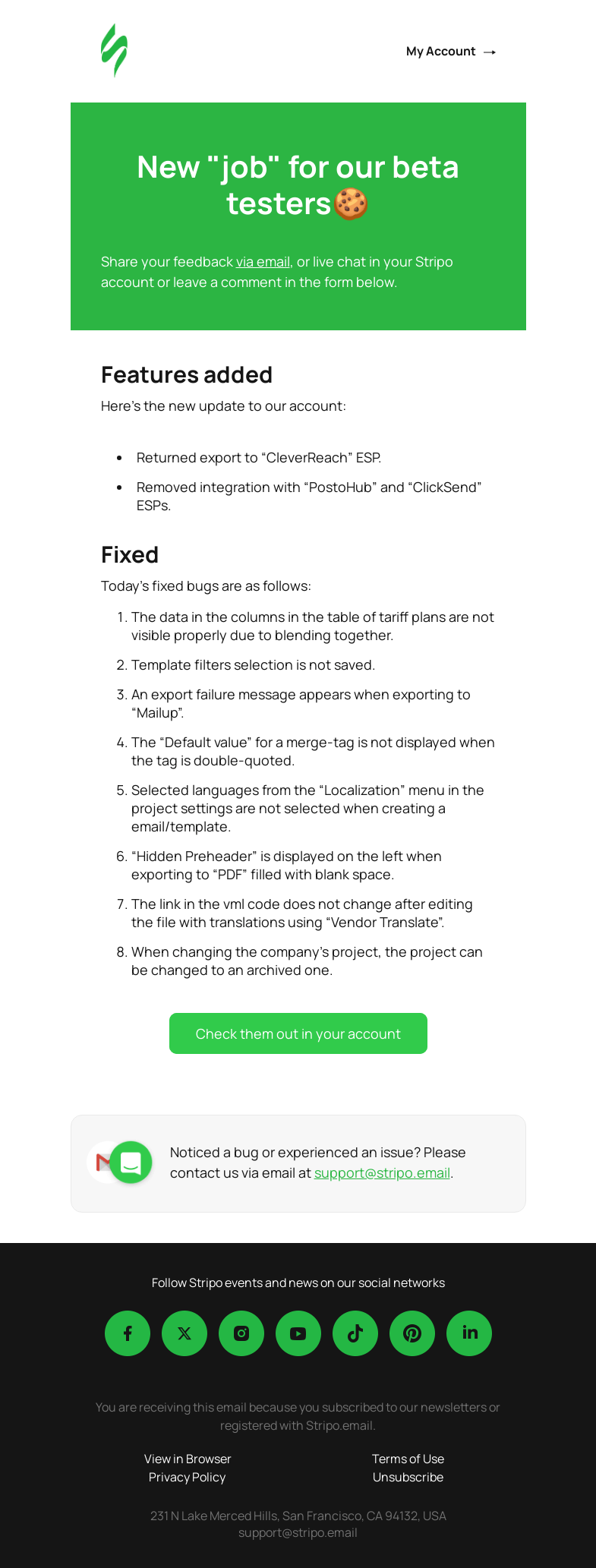 Письмо компании «Stripo» на тему «🚨 New Product Updates for Beta Testers Only»