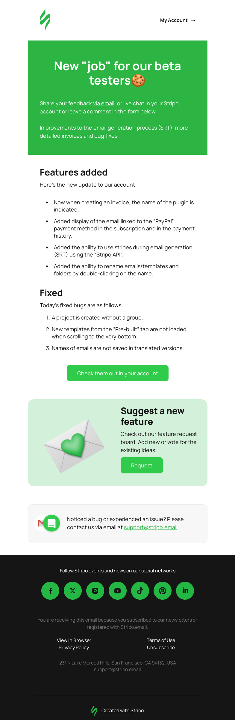 Письмо компании «Stripo» на тему «🚨 New Product Updates for Beta Testers Only»