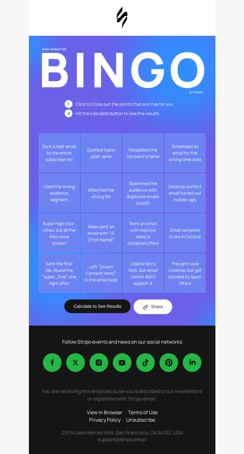 Письмо компании «Stripo» на тему «🏆 Test Your Skills: Email Marketing Bingo Game Inside!»