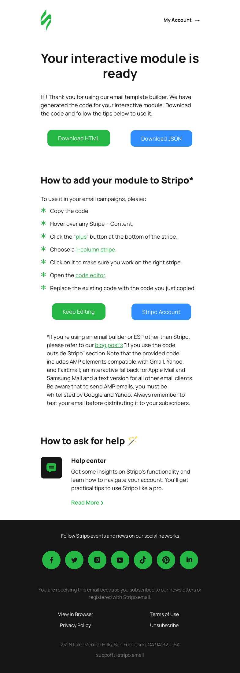Письмо компании «Stripo» на тему «Code for your interactive module»