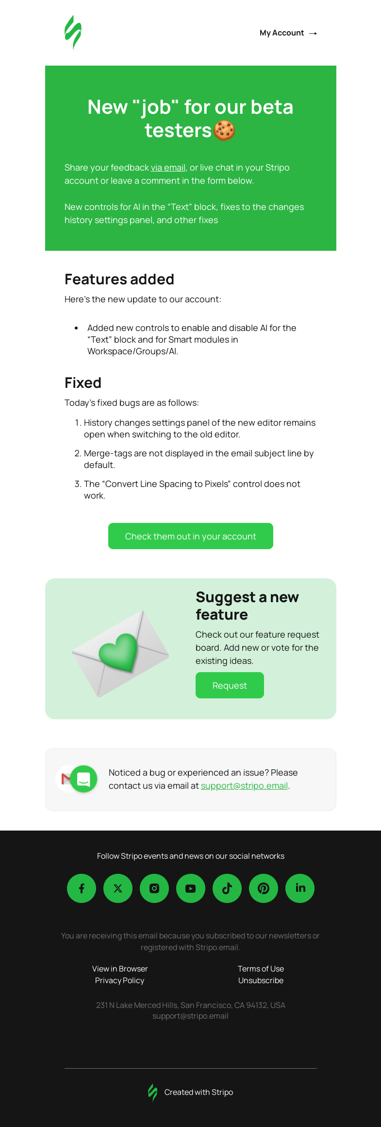 Письмо компании «Stripo» на тему «🚨 New Product Updates for Beta Testers Only»