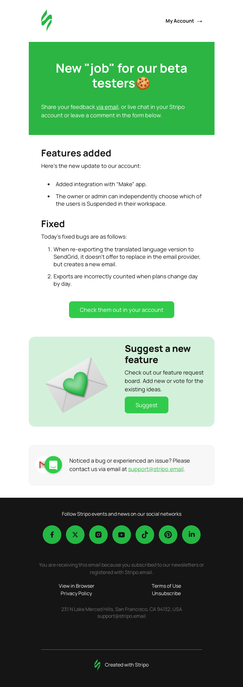 Письмо компании «Stripo» на тему «New release alert: Be the first to test it out 🚨»