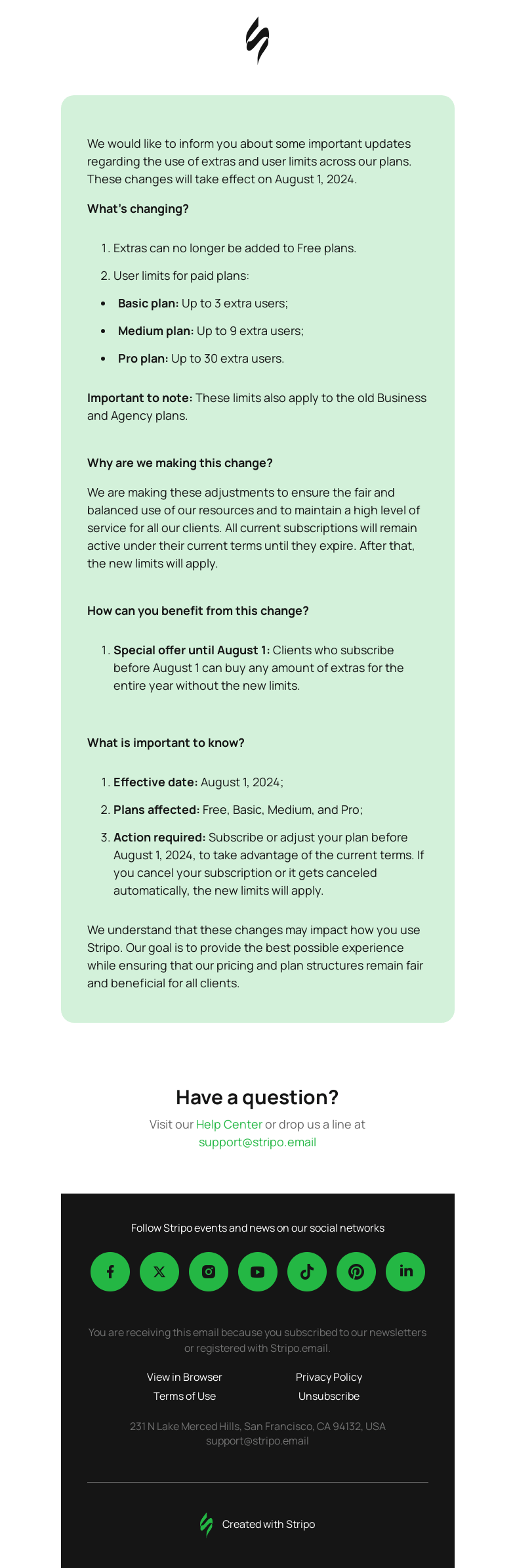 Письмо компании «Stripo» на тему «Important Update: Changes to Extras and User Limits»
