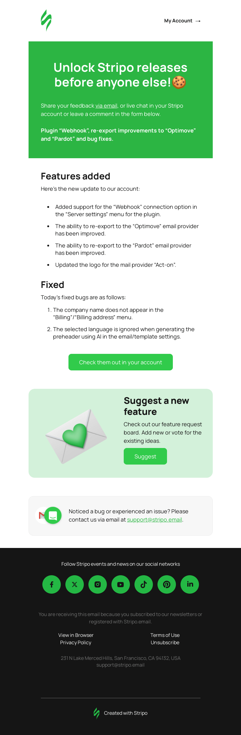 Письмо компании «Stripo» на тему «New release alert: Be the first to test it out 🚨»
