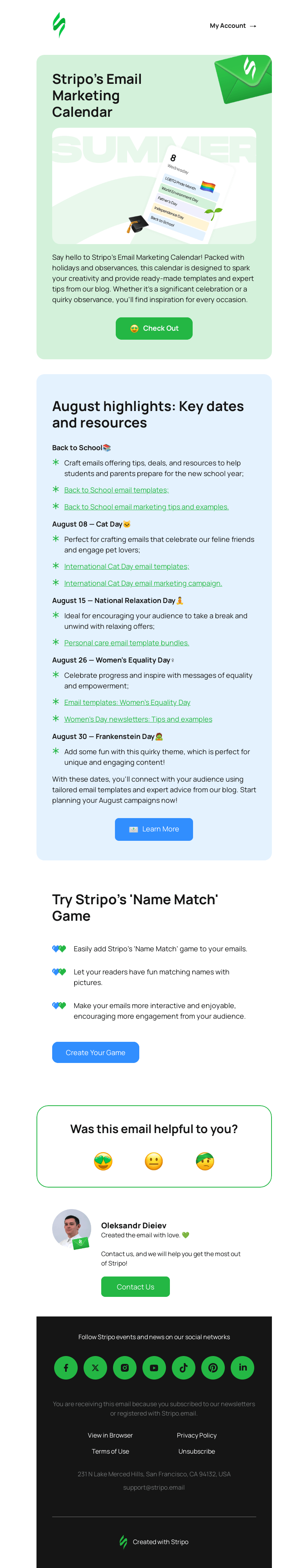 Письмо компании «Stripo» на тему «📅 Get Ready for August! Stripo’s Email Calendar Awaits»