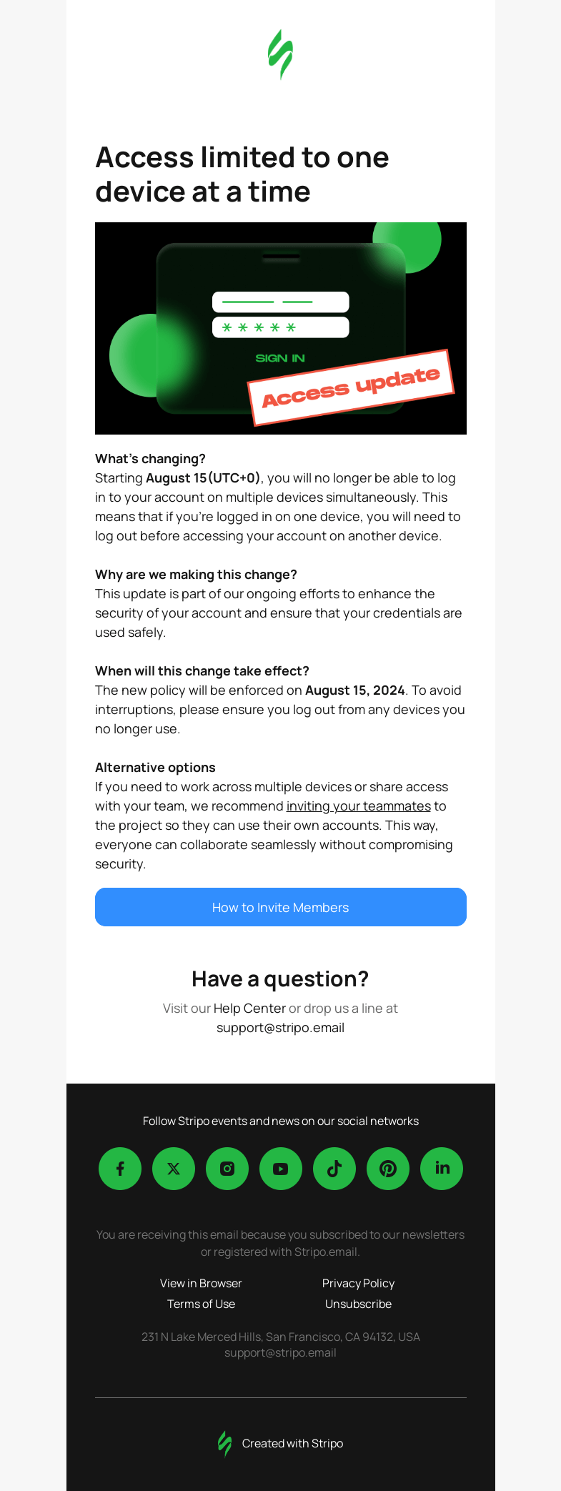 Письмо компании «Stripo» на тему «Important Update: Multi-Device Login Policy»
