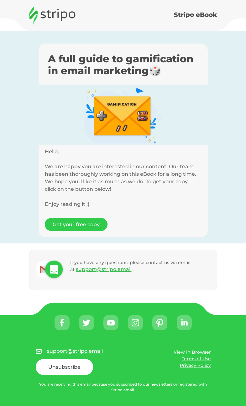 Письмо компании «Stripo» на тему «A full guide to gamification in email marketing🕹️»