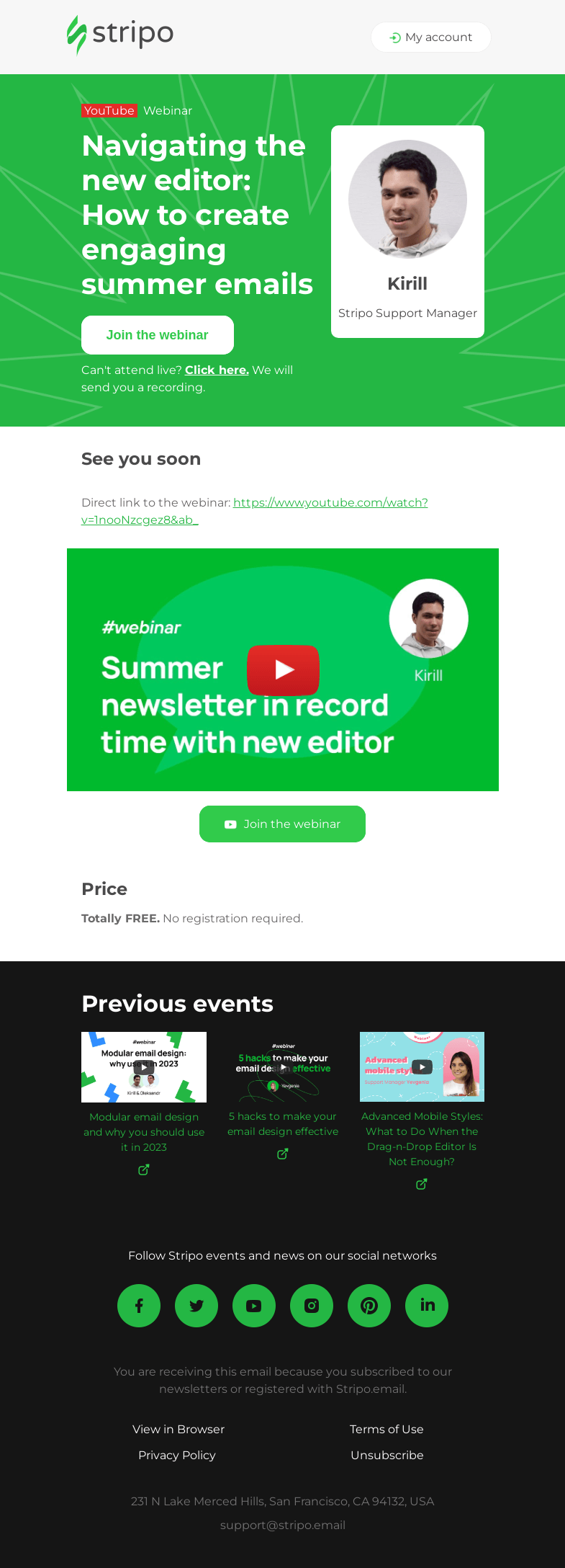 Письмо компании «Stripo» на тему «Stripo Free Webinar. We're starting soon! 🔔»