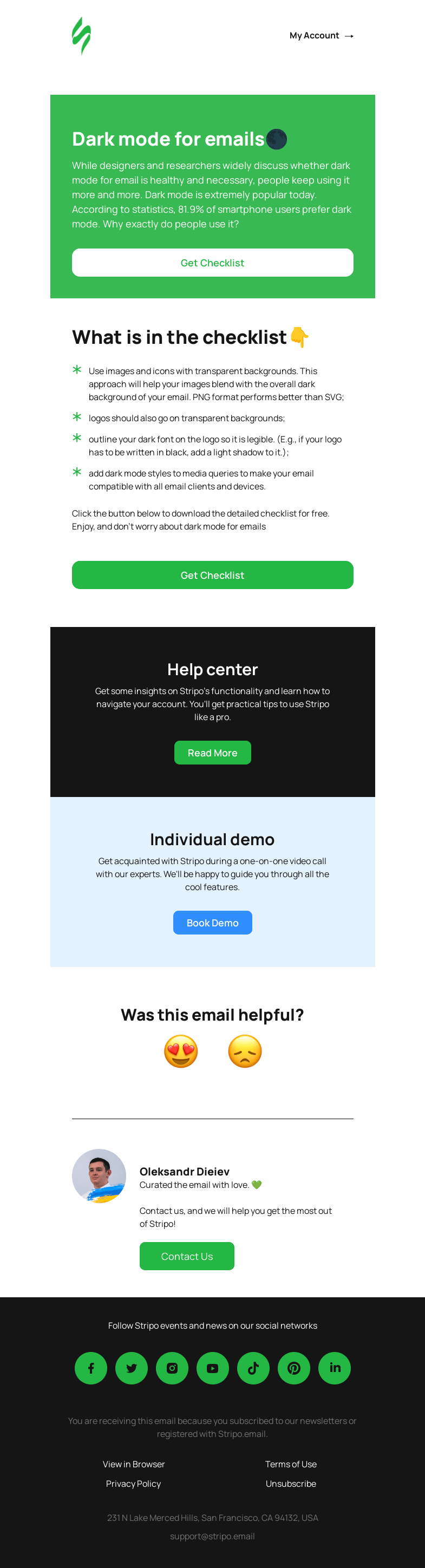 Письмо компании «Stripo» на тему «🌑New Checklist: Dark mode for emails»