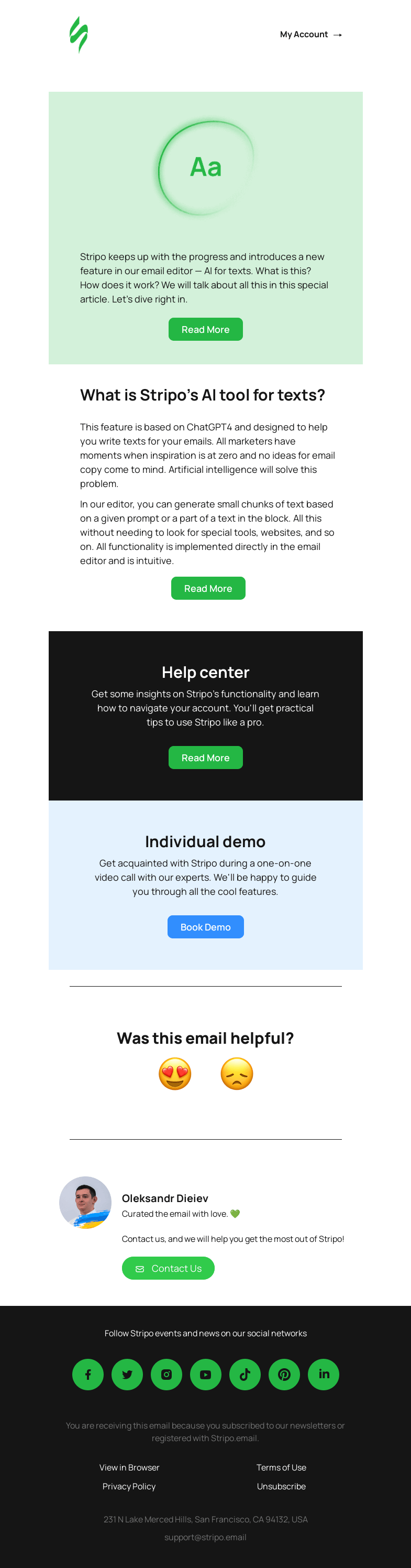 Письмо компании «Stripo» на тему «🤖 Embedded AI tool for generating texts»