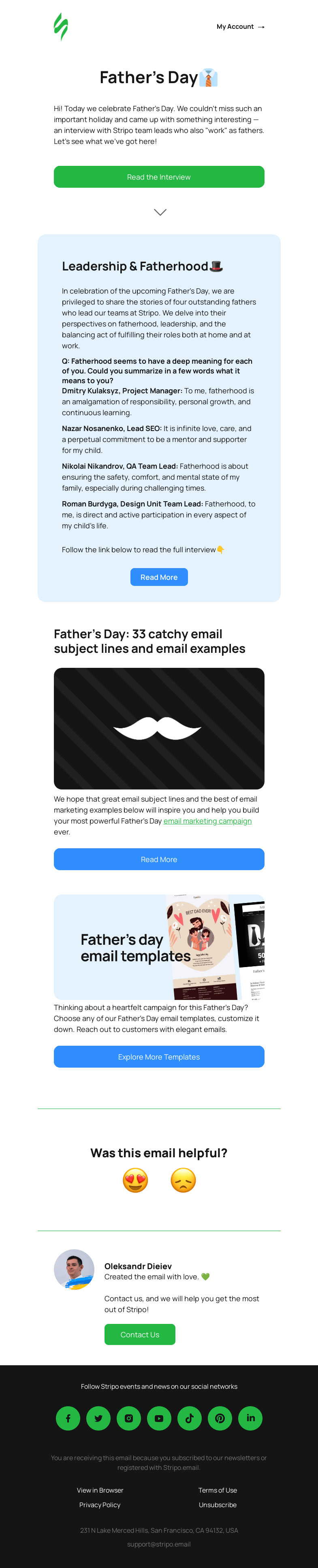 Письмо компании «Stripo» на тему «🎩 Father’s Day: 33 catchy email subject lines and email examples»