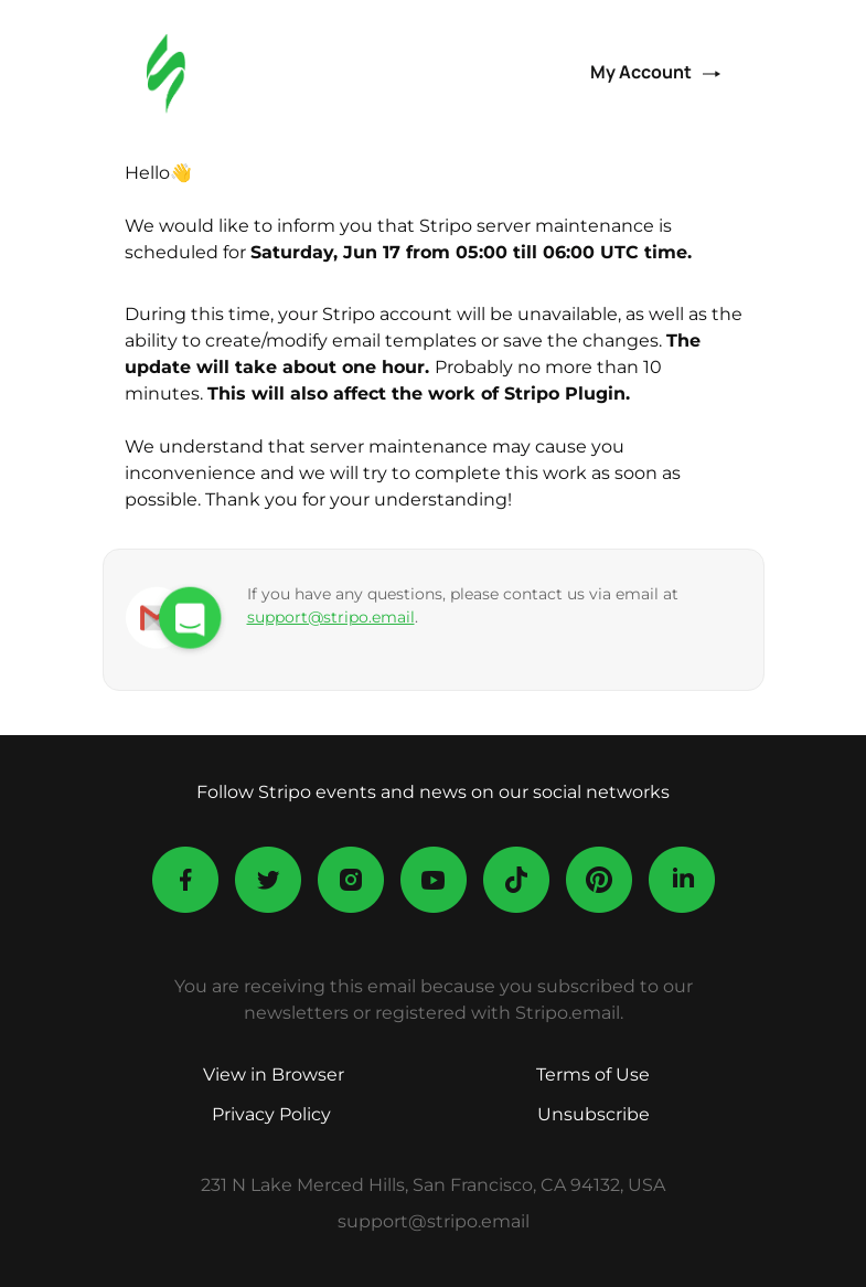 Письмо компании «Stripo» на тему «Stripo server maintenance⌛»