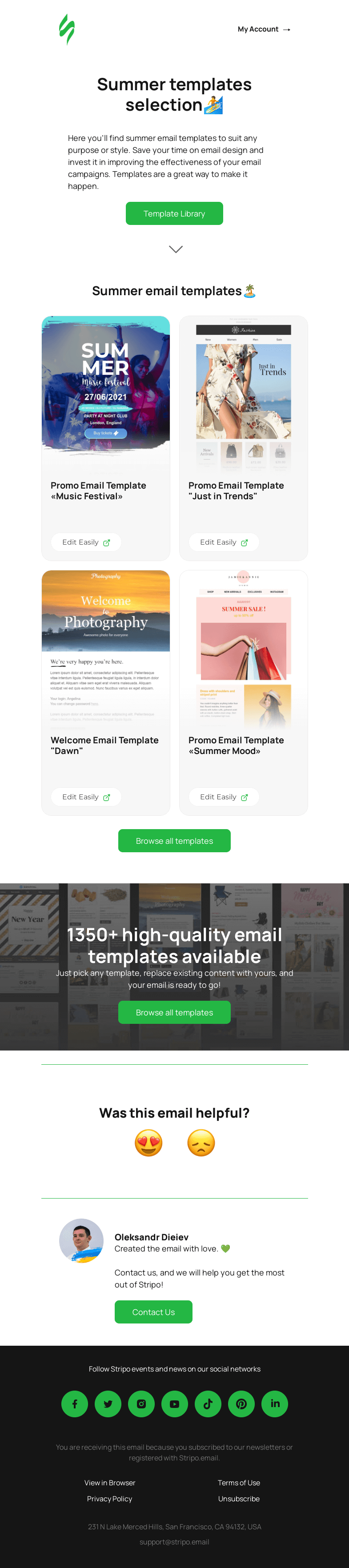 Письмо компании «Stripo» на тему «Summer templates for your newsletters🕶️»