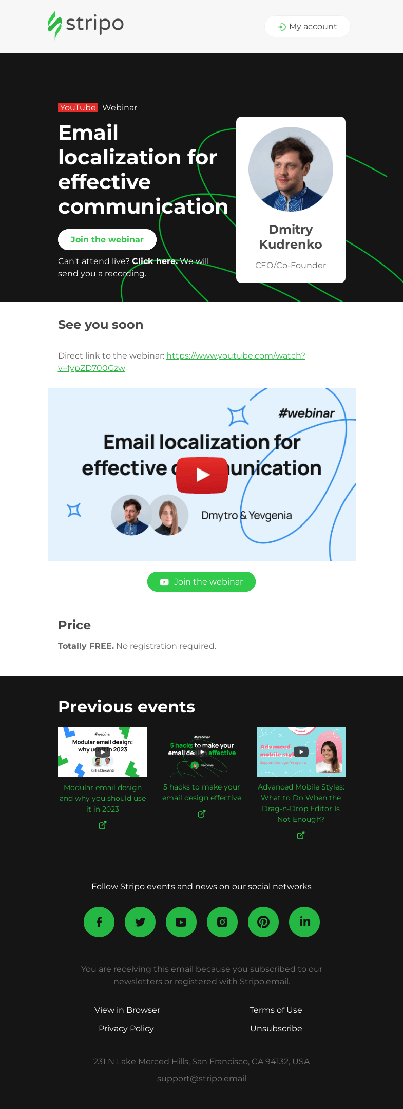 Письмо компании «Stripo» на тему «Stripo Free Webinar. We're starting soon! 🔔»
