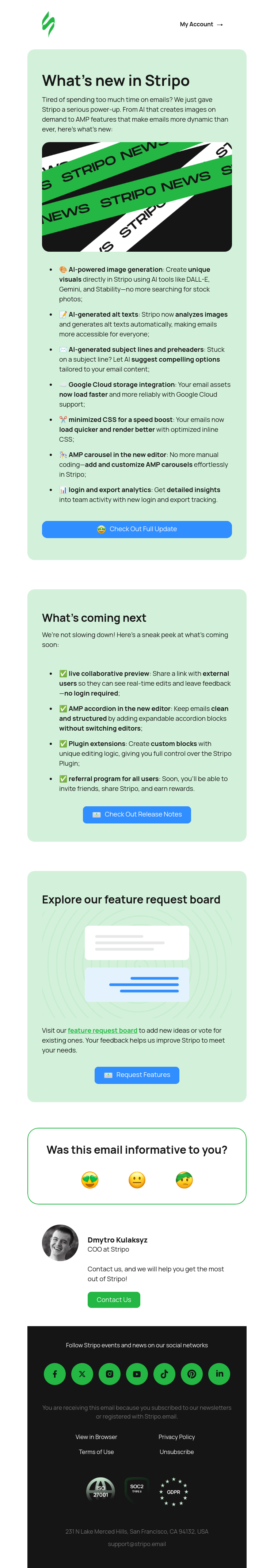 Письмо компании «Stripo» на тему «🆕 Big Stripo updates just dropped – don’t miss out!»