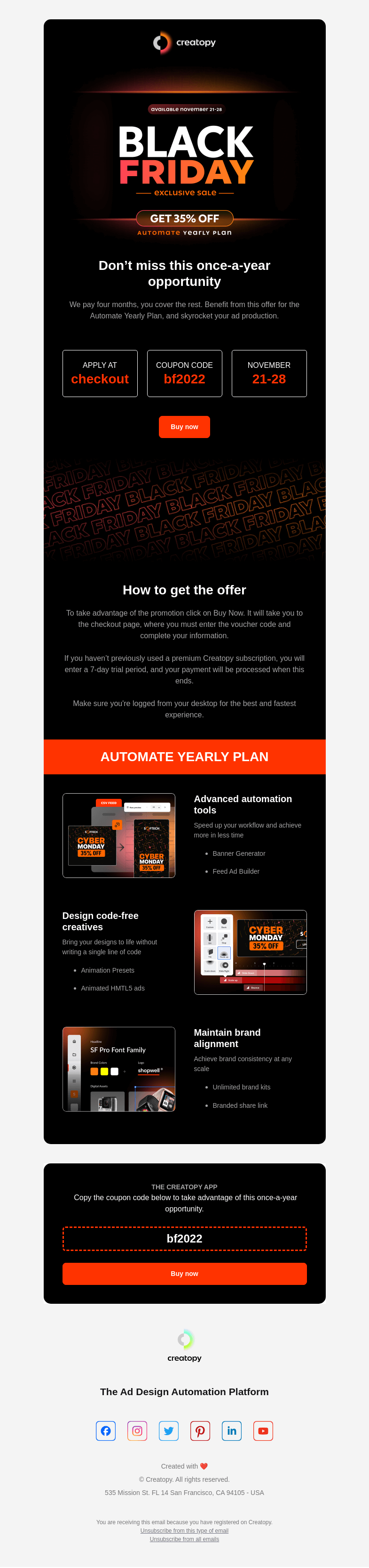 Письмо компании «Creatopy Team» на тему «Reminder: Exclusive Black Friday Sale»