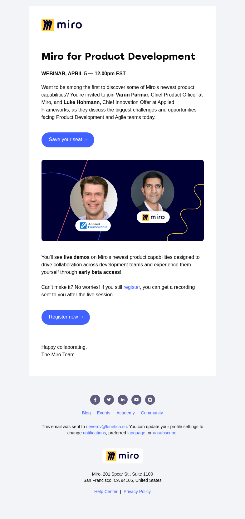 Письмо компании «Miro» на тему «You're invited! Be the first to see and access new product capabilities»
