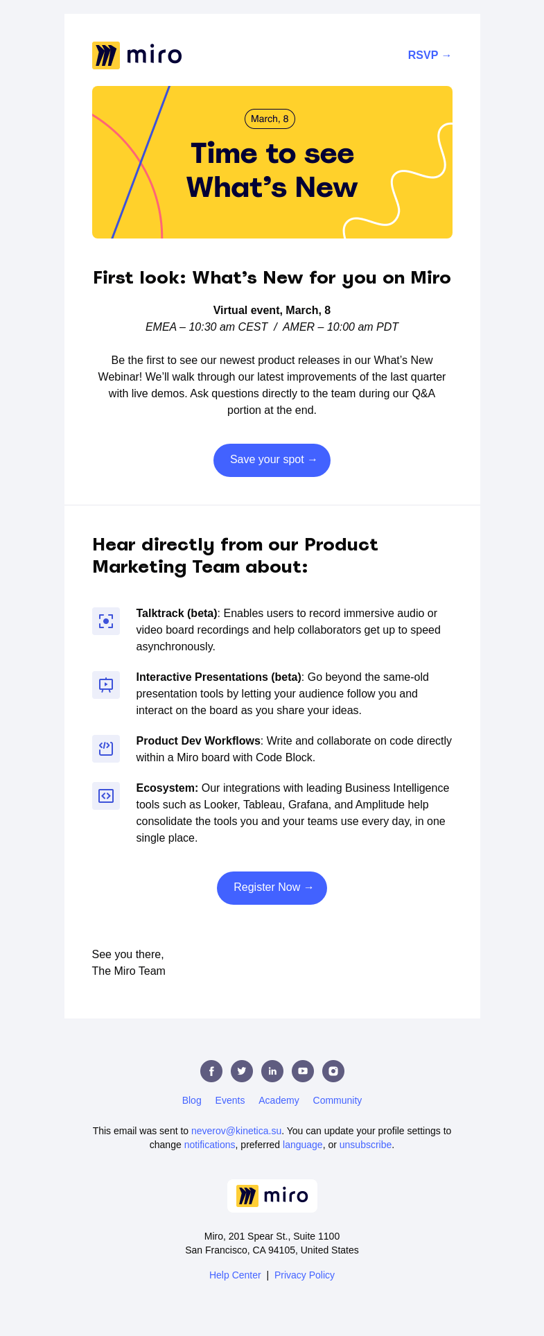 Письмо компании «Miro» на тему «First Look: Learn About The Latest Miro Product Updates»