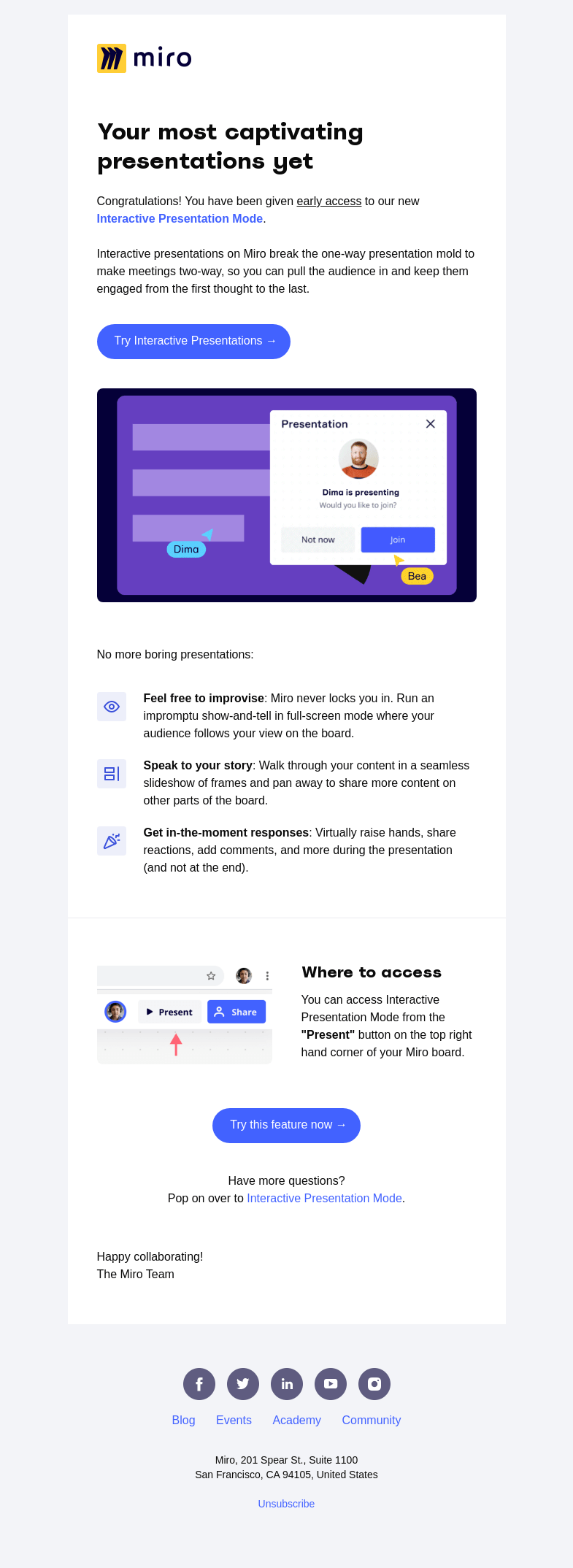Письмо компании «Miro» на тему «Your Early Access: Interactive Presentations on Miro»