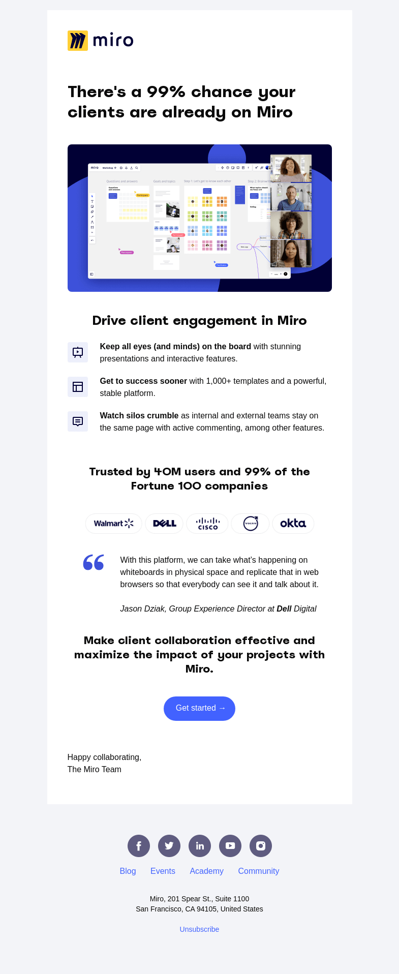 Письмо компании «Miro» на тему «There's a 99% chance your clients are already using Miro»