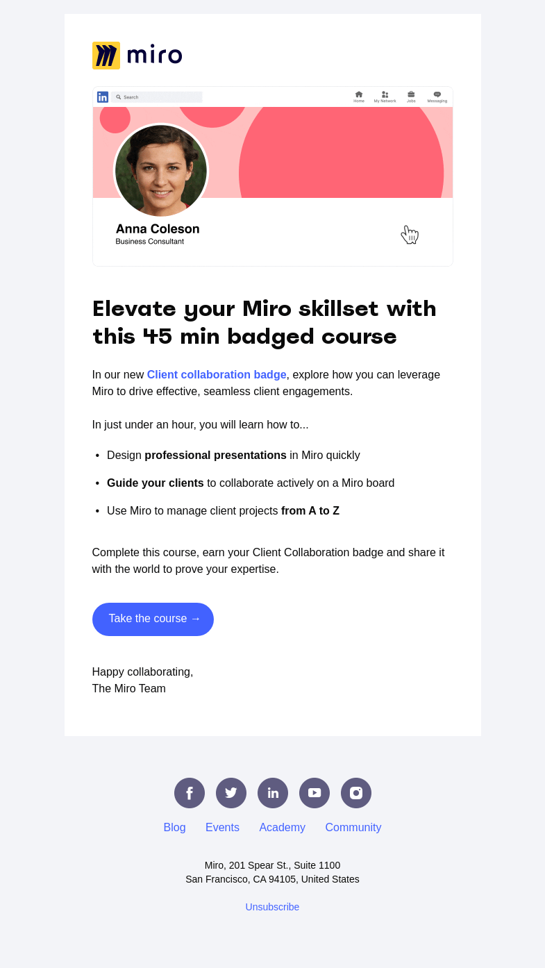 Письмо компании «Miro» на тему «Collaborating with Clients? This Course Is For You.»