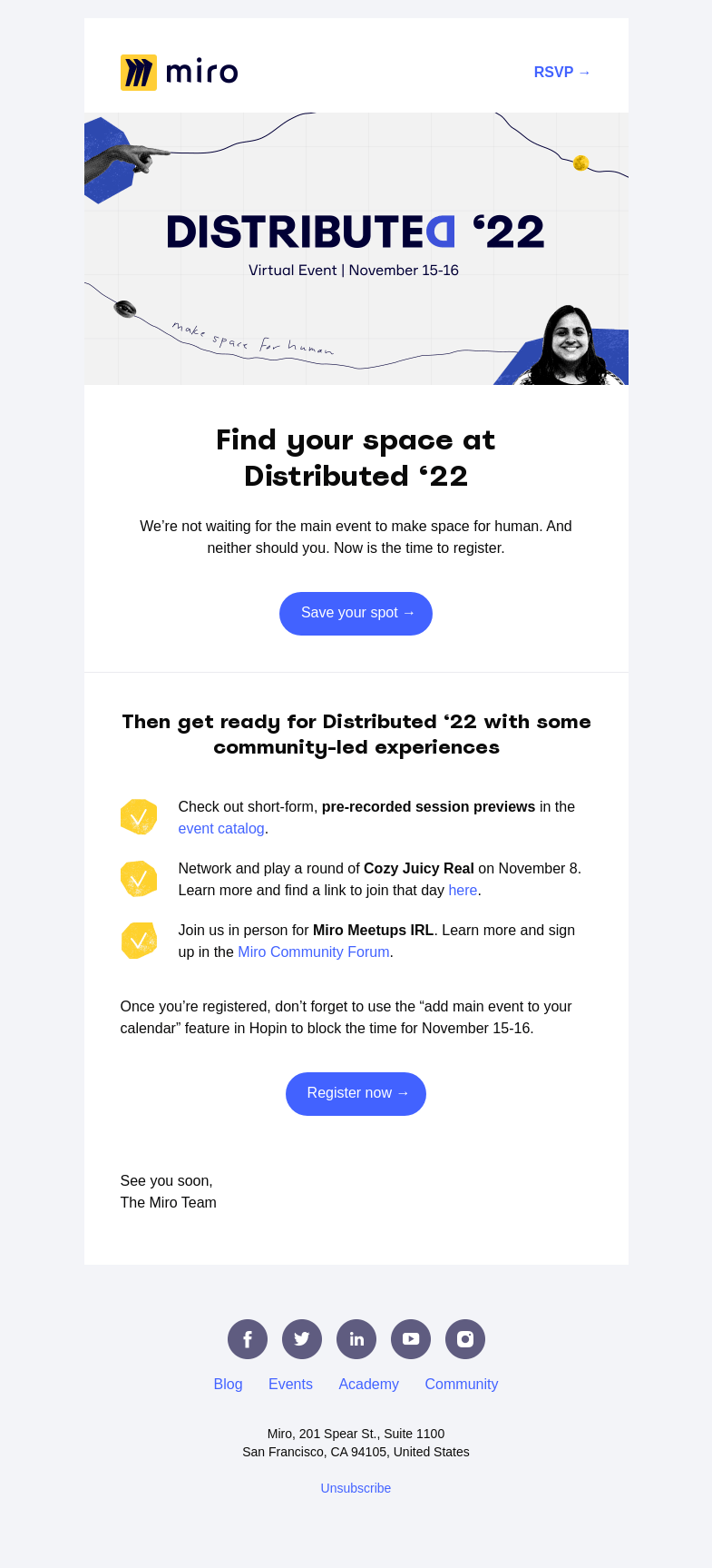 Письмо компании «Miro» на тему «The Pre-Events for Distributed ‘22 Start Now»