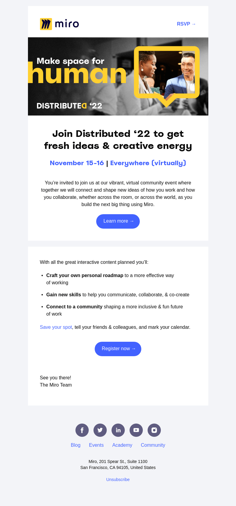 Письмо компании «Miro» на тему «You’re Invited to Distributed ‘22!»