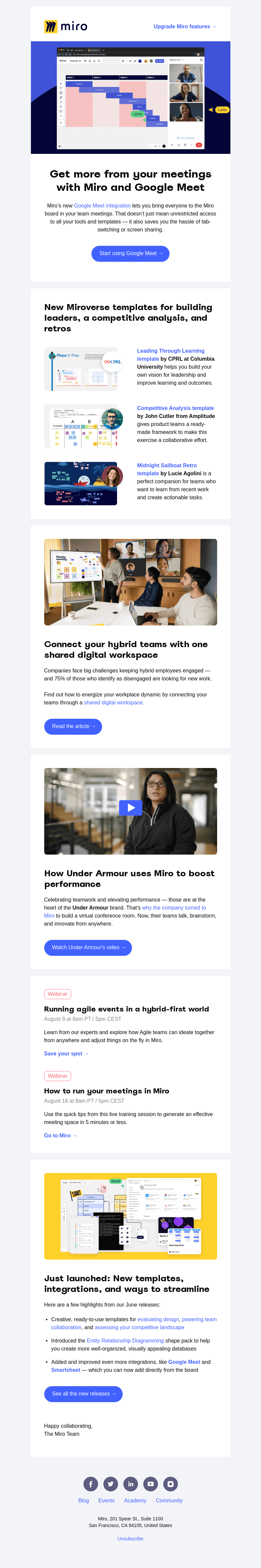 Письмо компании «Miro» на тему «Google Meet, Under Armour’s Success Story, and More»