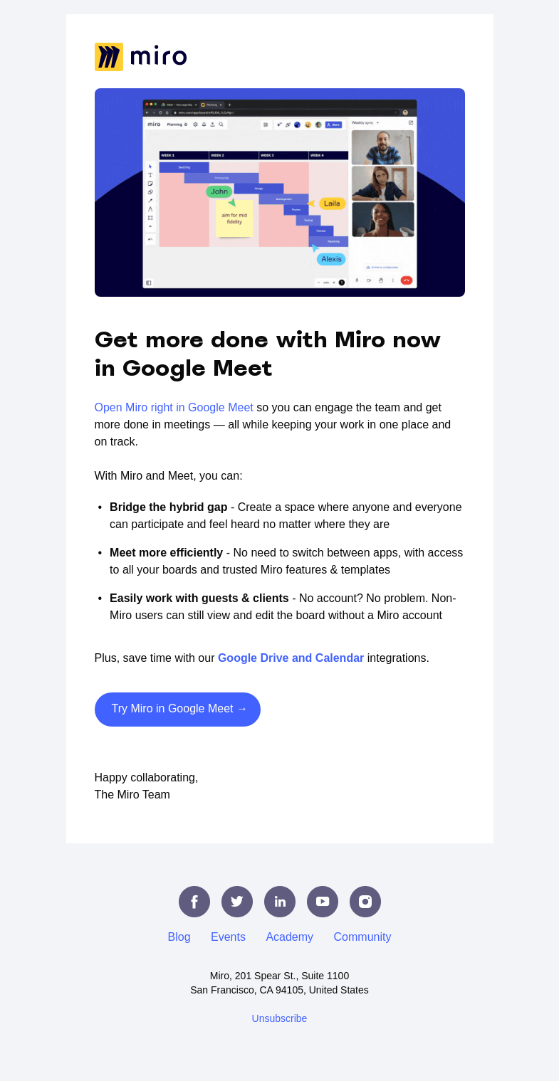 Письмо компании «Miro» на тему «Miro + Google Meet: Better Together»