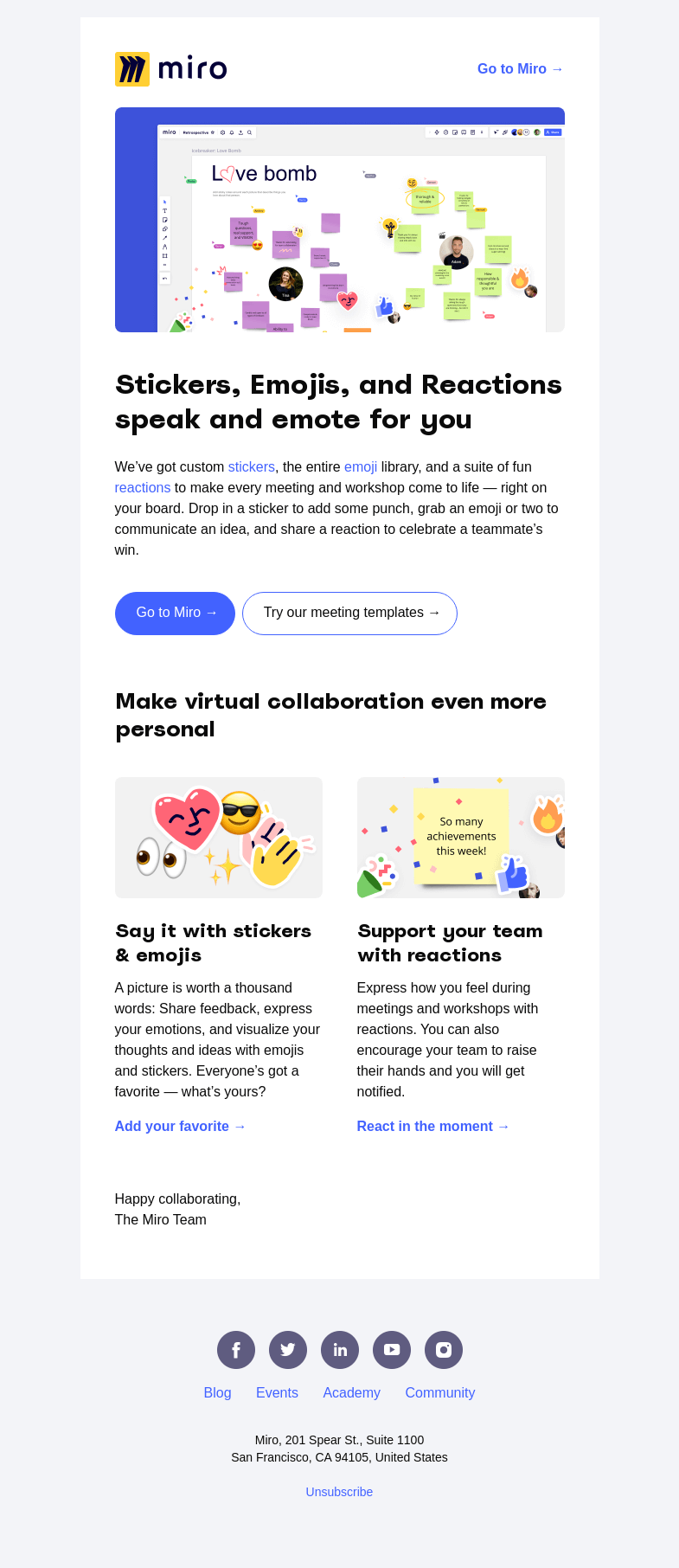 Письмо компании «Miro» на тему «Let Stickers, Emojis, and Reactions Do the Talking»
