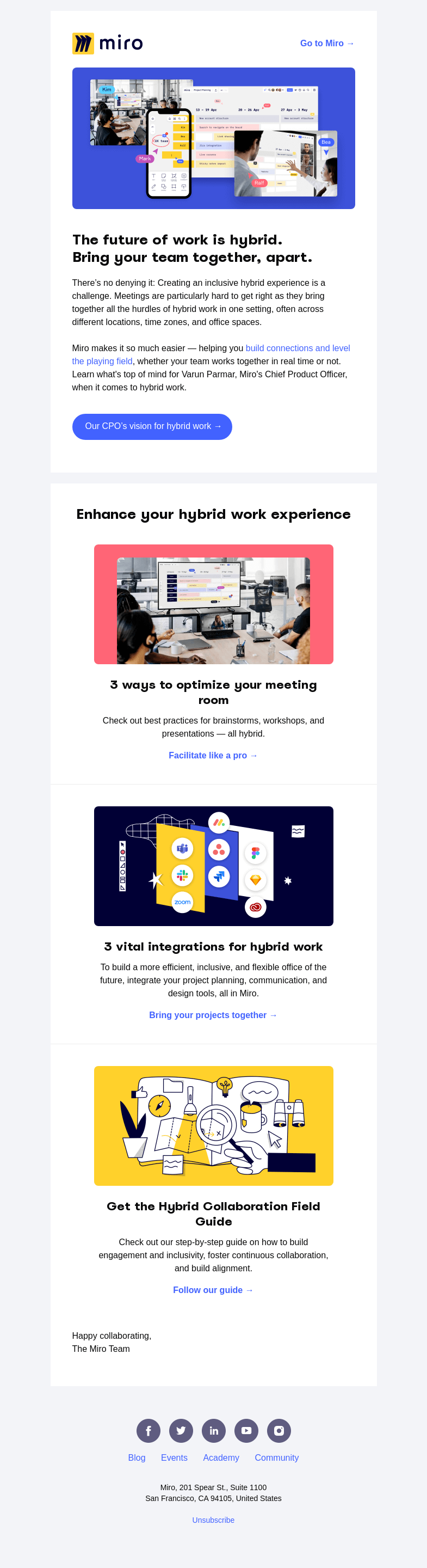 Письмо компании «Miro» на тему «Equip Your Team For Hybrid Work»