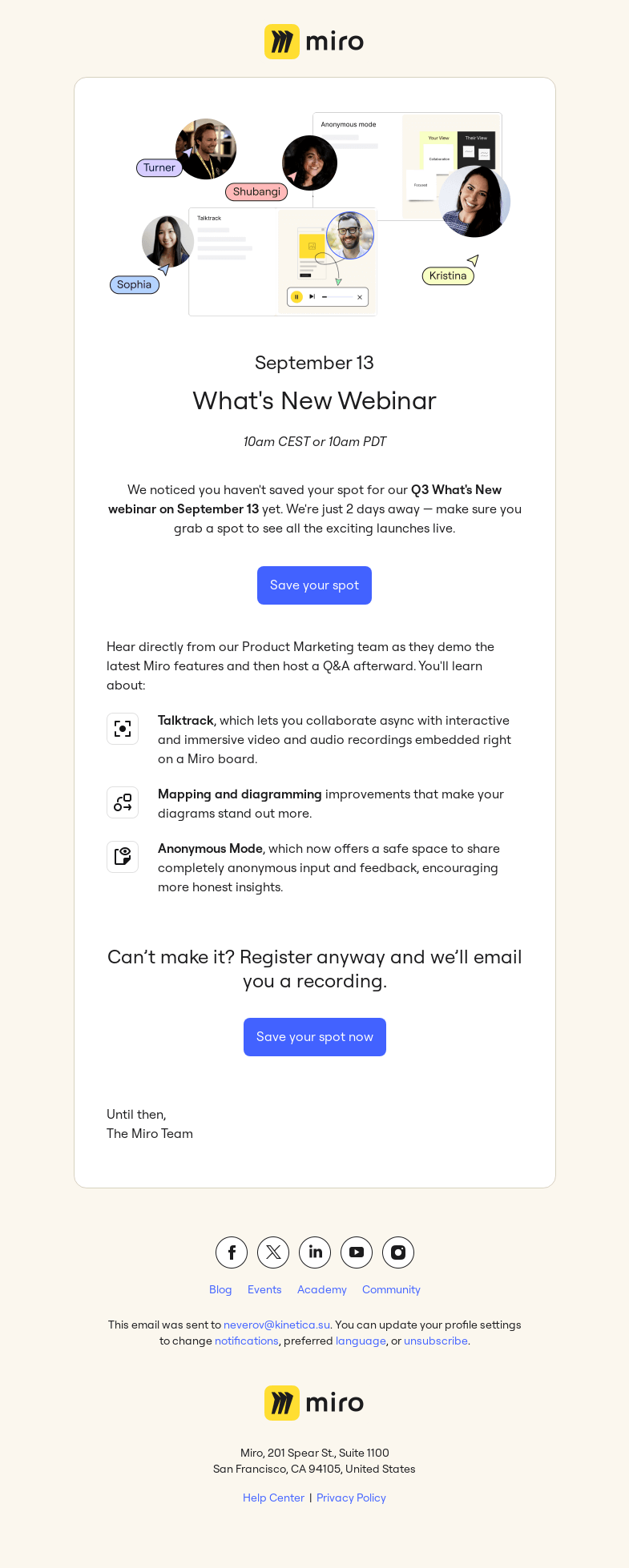 Письмо компании «Miro» на тему «Last Chance to Learn About Miro Talktrack»