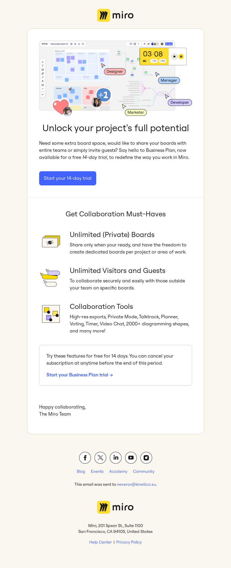 Письмо компании «Miro» на тему «Get unlimited boards, try Miro Business Plan»