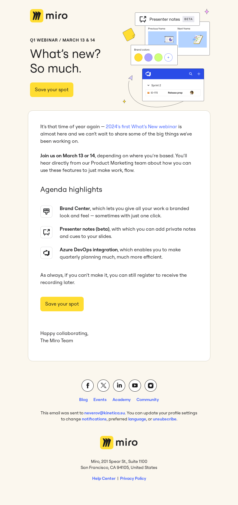 Письмо компании «Miro» на тему «Your front row seat to every new Miro update»