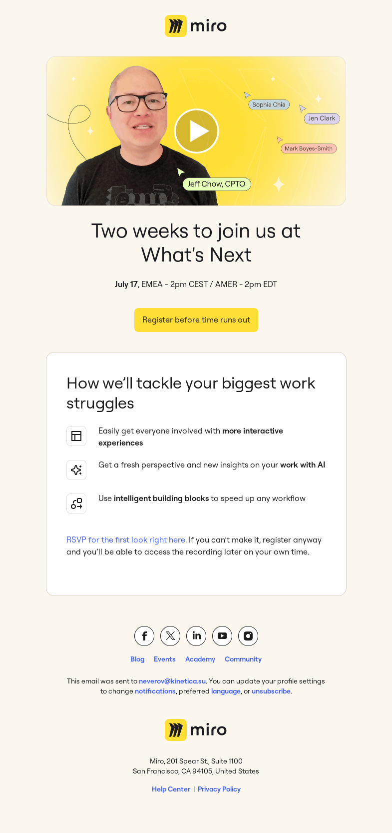 Письмо компании «Miro» на тему «Big updates, straight from our CPTO Jeff Chow»