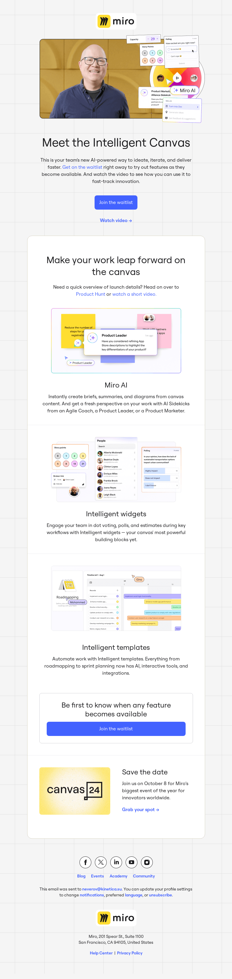 Письмо компании «Miro» на тему «Meet the Intelligent Canvas — your team’s AI-charged workspace»