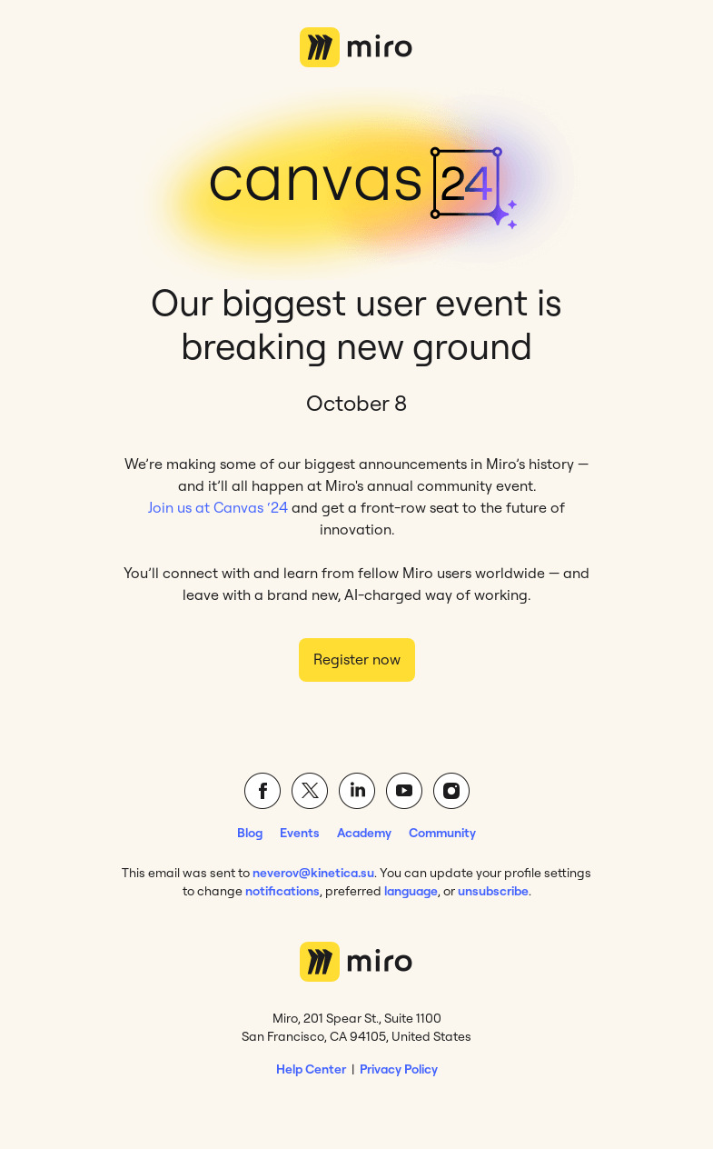 Письмо компании «Miro» на тему «Save the date for Canvas '24»