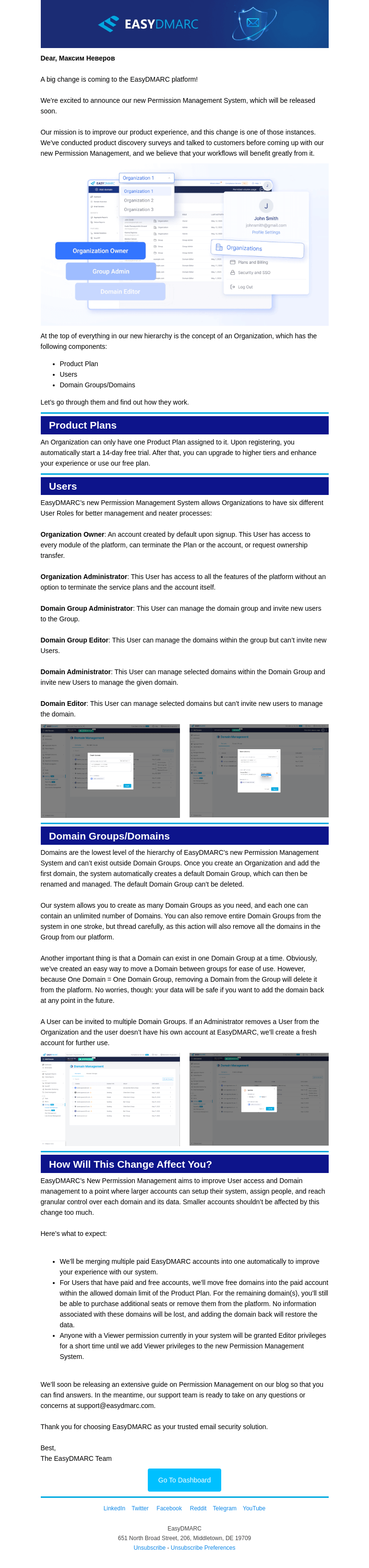 Письмо компании «EasyDMARC» на тему «[Product Update] Permission Management System»